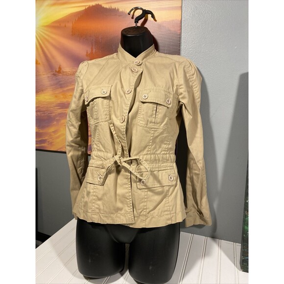 Calvin‎ Klein Women’s Belted Jacket Size 4 Tan Cotton Button Up - Picture 1 of 4